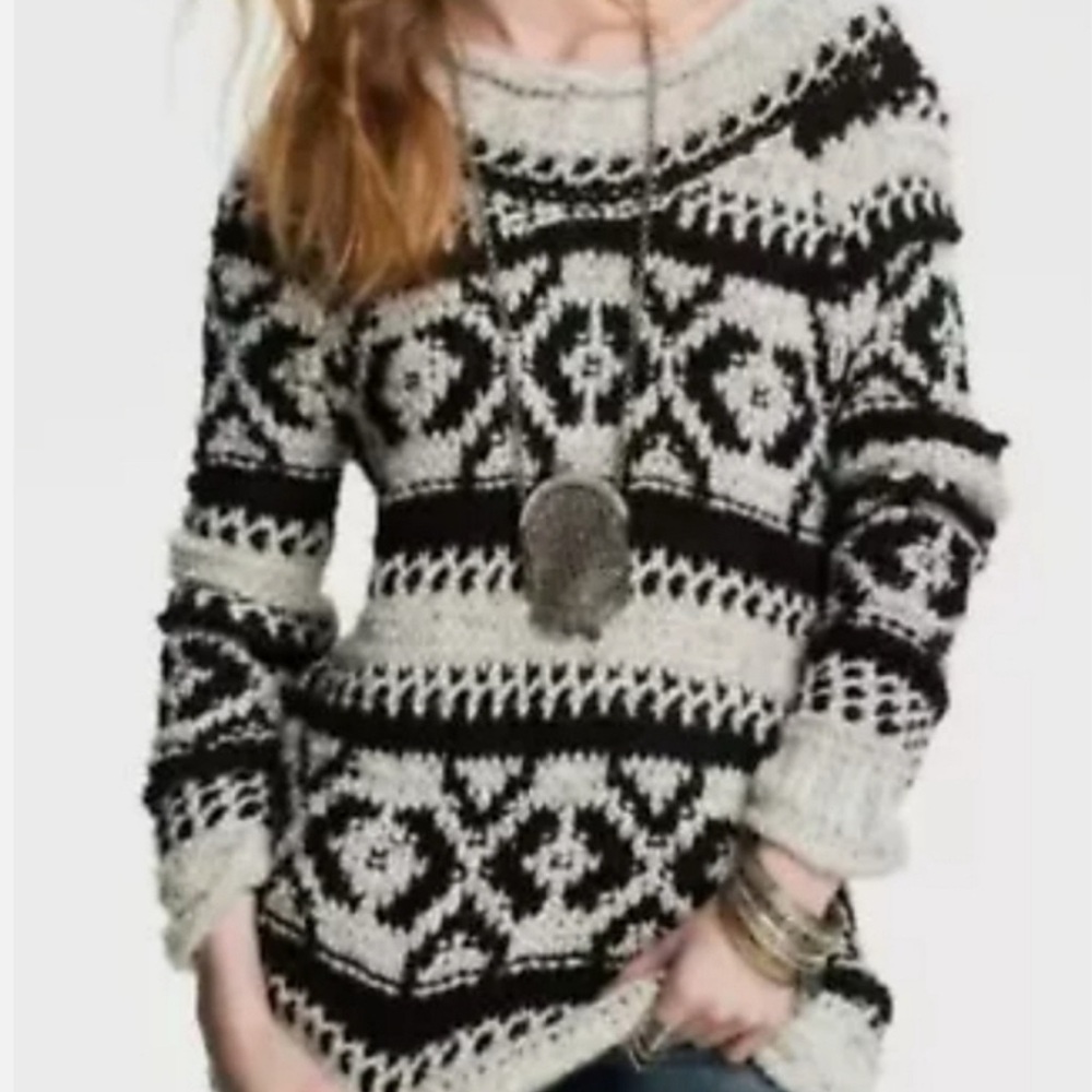 Free People Nordic Fair Isle Chunky Knit Sweater Size Large Gray Black Boho Cozy